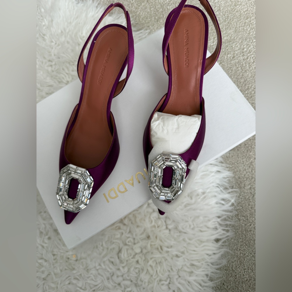 Brand New Amina Muaddi Camelia Purple Satin Slingback Heels sz 36
